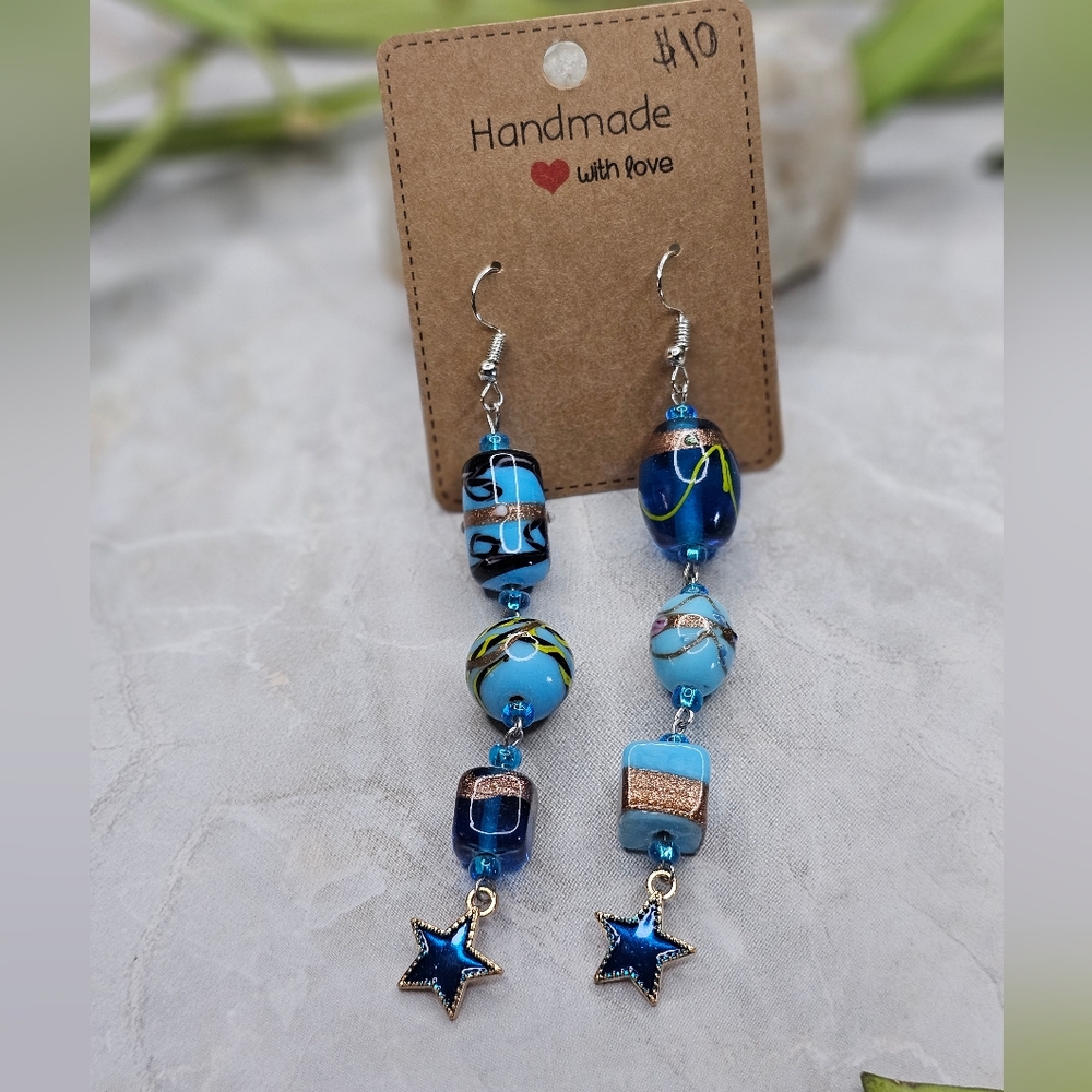 Blue Glass beaded abstract earrings.